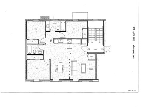 A black and white image of a unit plan for a building.